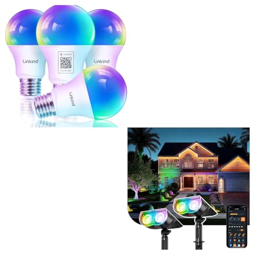 Linkind Matter Smart Light Bulb, Smart Bulbs Work with Apple Home, Siri, Alexa, Google Home, SmartThingsb Smart Solar Spotlight SL5C, Color Changing Landscape Lighting, APP/Voice Control Sol