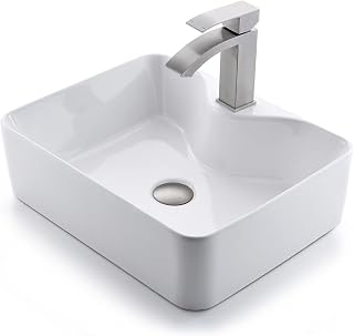 White Rectangle Bathroom Vessel Sink with Bathroom Faucet, Luckyhorse 19x15x5 White Ceramic Porcelain Art Basin Bathroom Sink Vessel Sink Vanity Sink with Bathroom Faucet and Pop Up Drain LHAS1915LX