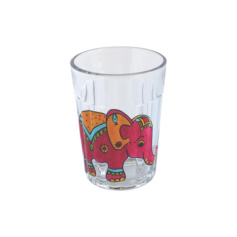 TOPSYTURVY Hand Crafted & Hand Designed Tapri Tea and Coffee Style Glass with Iron Stand (Set of 2, 90ml Each) | Red Auto Rickshaw & Pink Elephant Designs | Kulhad Cups | Cutting Chai Glasses Set 3