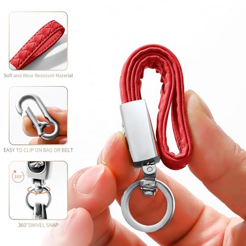 Image of Gkeygo Carabiner Keychain, Universal Heavy Duty Woven Handmade Leather Key Chain, Car Fob Key Keychains with 360 Degree Rotatable Snap Swivel and Anti-Lost D-Ring for Men and Women, Silver - Red