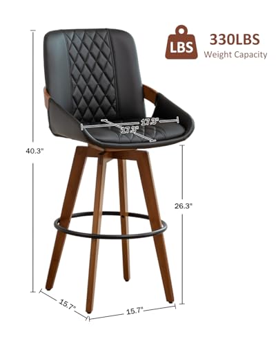 Image of AQG Counter Height Bar Stools, Mid Century Modern Bar Chairs Swivel with Back, Faux Leather Upholstered Barstools Walnut Wood Frame for Kitchen Island (Black, 26 Inch - 1 PCS)