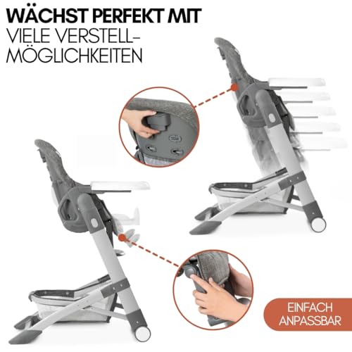 hauck Baby Hochstuhl Grow Up mit Liegefunktion ab Geburt - Babystuhl mit Tisch, Rollen, klappbar, mitwachsend und höhenverstellbar - Grau Melange