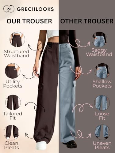 Image of GRECIILOOKS Cargo Pants For Woman | Trousers For Womans |High Waist Cotton Trouser for Women - Flared Parachute Pants with Side Pockets |Womens Cargo Pant | Elegant for College & Events (Available in Plus Size)