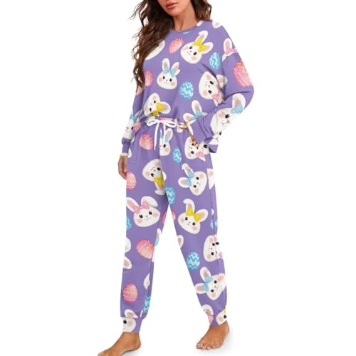 Image of Womens Lounge Set Long Sleeve Soft Pajama Sets Casual 2 Piece Pj Outfit Crewneck Sleepwear with Pockets Plus Size