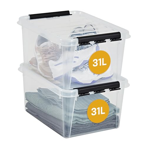 SmartStore Aufbewahrungsboxen mit Deckel, 31 l, transparent, 2er-Pack, verstärkt, 10 Jahre Garantie, lebensmittelecht, mit Clipverschluss, stapelbar, BPA-freier Kunststoff, 50 x 39 x 26 cm