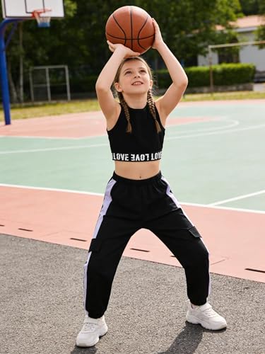 Image of Girls 2 Piece Outfit Set for Tween Girls, Sleeveless Crop Tank Top & Cargo Pants Jogger Set