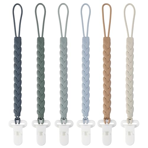 Image of 6-Pack Silicone Pacifier Clips with a Woven Rope Shape for Baby Boys and Girls - Flexible and Rust-Free Holders for Teething Relief and Baby Essentials, Safe for Newborns (Grey)