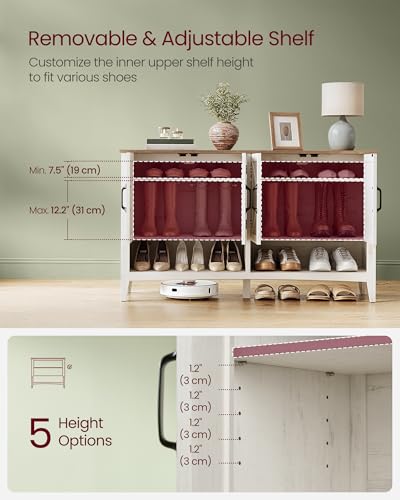Image of VASAGLE LIRY Collection - Shoe Cabinet, 3-Tier Storage Organizer, Shoe Shelf, Farmhouse Freestanding Cabinet, Height-Adjustable Shelf, 13.8 x 47.2 x 27.6 Inches, Rustic White ULBC039W01