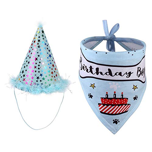 Fleymu Compleanno Bandana Set per Cani Gatti Pet Birthday Sciarpe e Cappello Animali Triangolo Vestito e Decorazione Ideale Come Completo di Compleanno di Cucciolo, Come Regalo e per Una Festa (Blu)