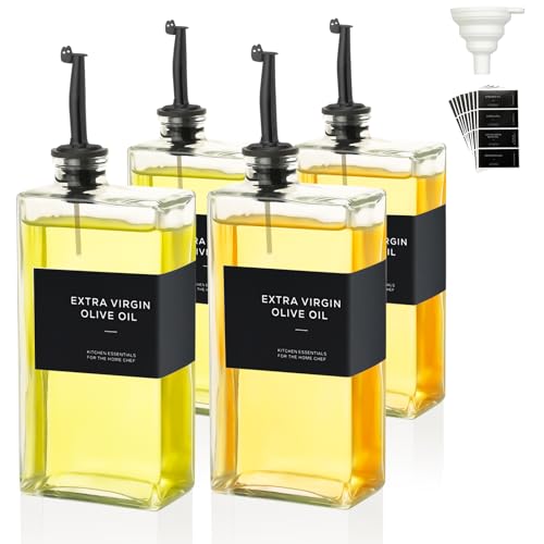 VINATO 4 Pièces Bouteille Huile Olive 500ml, Entonnoir1, Étiquettes 36, Huilier En Verre Avec Bec Verseur Huile D'olive Pour Cuisine, Café Et Bar