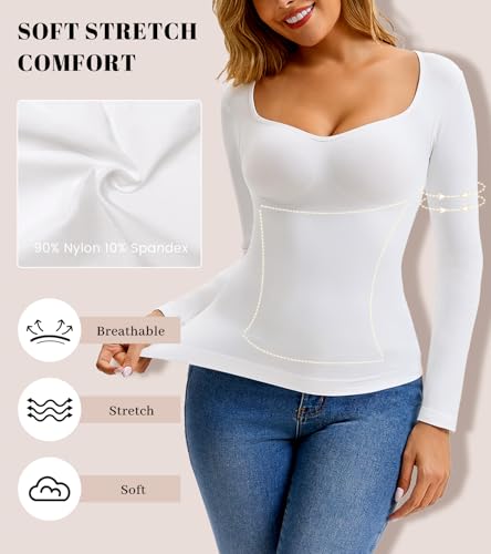 Women's Long Sleeve V-Neck Shapewear Tops, Tummy Control Compression Shirts - image 5