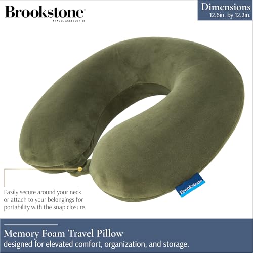 Image of Brookstone Travel Neck Pillow - Lightweight U-Shaped Memory Foam Travel Pillow for Airplane, Car Travels & Sleeping, Olive