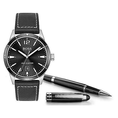 Image of BOSS Hugo Leather Drifter Analog Men's Watch - 1570125 (Black Dial Black Colored Strap)