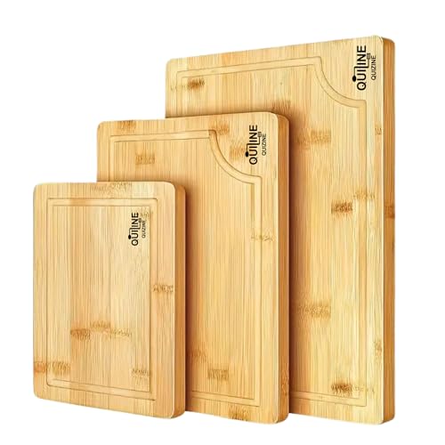 QUIZINE Juego de 3 Tablas de Picar de Bambú Premium - Resistentes, Antideslizantes y Ecológicas, Ideales para Cortar Carnes, Verduras y Frutas, Diseño Elegante para Usar También como Bandeja de Servir