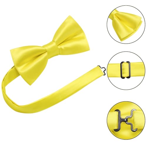 Image of Hi-Tie 5Pcs Mens Solid Color Silk Tie Satin Pretied Bowtie Lapel Pin for Men Handkerchief Cufflink Wedding Gift Box
