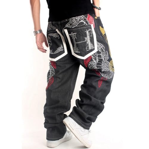 Yollmart Men's Baggy Jeans Hip Hop Loose fit Embroidered Denim Dance Skateboard Pants2