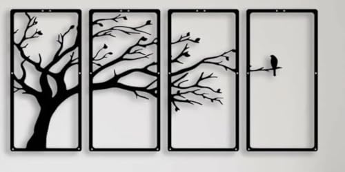 Image of Trocshop Modern 4-Piece Tree Wall Art Panel Set | Branch & Birds Design | MDF Wooden Wall Hanging | 3D Matte Finish | Items For Living Room /Bedroom /Drawing Room /Dining Room | 40x22 cm Each - Black