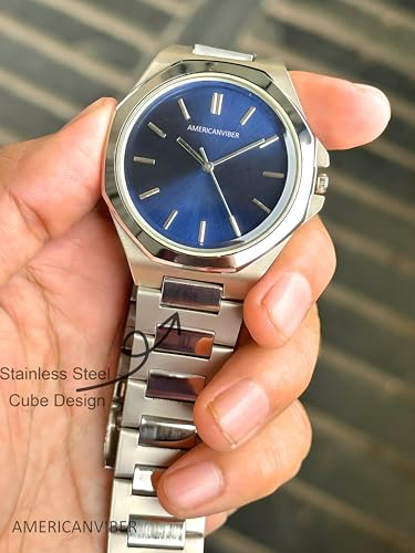 Image of AMERICANVIBER Dual Tone Stainless Steel Strap Men's Wrist Watches Classic Minimalist Bar Scale Dial Analog Wrist Watch for Men