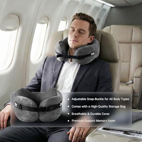 Image of Neck Pillow Travel Pillow - 100% Pure Memory Foam Airplane Pillow with Adjustable Clasp & Removable Cover, Portable Travel Essentials for Long Flights, Car & Office (Dark Gray)