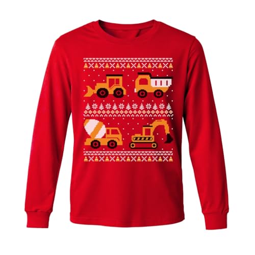 Tstars Toddler/Youth Kids Truck Christmas Shirt - Boys Long Sleeve Holiday Tee with Construction Print in Ugly Sweater Style 5T Red