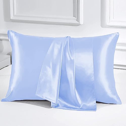Image of Luxury Silk Satin Pillow Cover President Size 20 x 32 - Romantic Pillow Cover Set for Bedroom | Bridal Wedding Soft Luxury Bedding | Sky Blue, Pillow Covers (20 x 32)