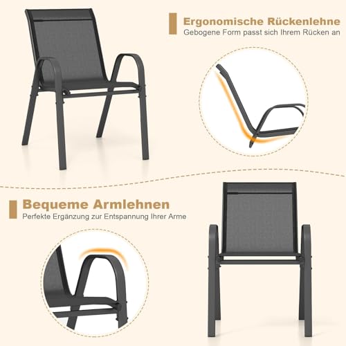 FANTASK 4er Set Gartenstuhls, stapelbar Terrassenstuhlset bis 150 kg belastbar, Balkonstühle aus Textilene und Metallgestell, 56 x 70 x 84 cm, Schwarz