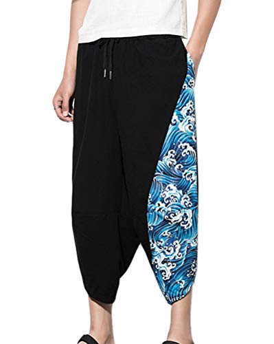 Sunma Mens Casual Elastic Waist Capri Wide Leg Baggy Print Harem Pants Trousers Black