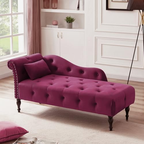 Velvet Chaise Lounge Settee Right-Arm-Scrollback Tufted-Buttons Nailhead-Trim Accent Daybed Recliner Reading Nook Bench French-Country Turned-Legs Solid-Wood Frame High-Density-Foam (Burgundy)