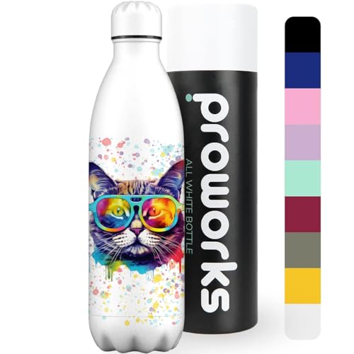 Proworks Botellas de Agua Deportivas de Acero Inoxidable Cantimplora Termo, Doble Aislamiento 12 Horas de Bebida Caliente y 24 Horas de Bebida Fría 1L - Toda Salpicadura de Pintura Blanca - Gato