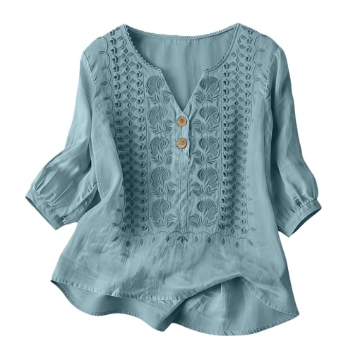 Linen Tops for Women Embroidered Cotton Gauze Shirts Loose Peasant Blouses Dusty Blue L - image 5