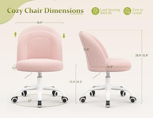 Image of DurayLoly Vanity Chair with Wheels, Cute Desk Chair with Back, Armless Chair with Height Adjustable & 360 Swivel, Soft Lumbar Support for Small Space, Bedroom, Gentle Pink