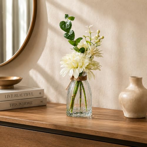 Image of CURATED CART Artificial Flower in Glass Vase for Home Decor, Small Mini Fake Plant, Realistic White and Green Faux Flower Bunch for Home, Office, Tabletop, Maintenance-Free