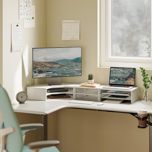 Image of Fenge 42.5Inch Corner Monitor Stand with Drawer, 3-Tier Monitor Riser with Slide-Out Tray