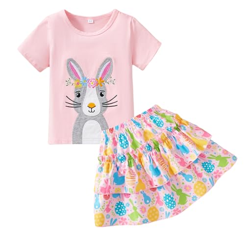 Image of Little Girls Skirt Set - 2 Piece Short Sleeve Top Shirred Tiered Skirt Outfit Girls Spring Summer Clothes 3-8 Years