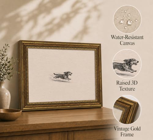 Image of Gold Framed 3D Textured Wall Art, Vintage Sketch Running Dog Canvas Prints, Minimalist Zoomies Flight Dog Pictures Decor, Neutral Funny Animal Gallery Artwork for Living Room Bedroom Nursery 16x12 in