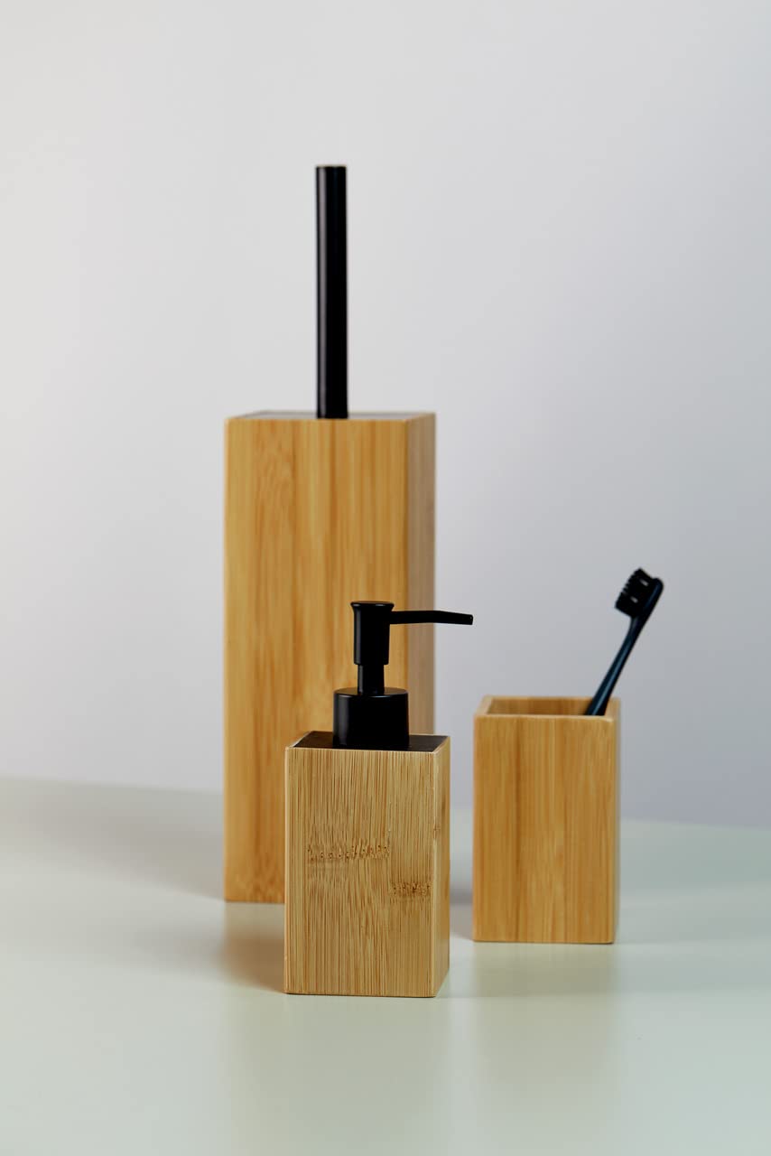 WENKO Dispenser sapone Padua - Dispenser sapone liquido Capacità: 0.21 l, Bambù, 8 x 18 x 7 cm, naturale