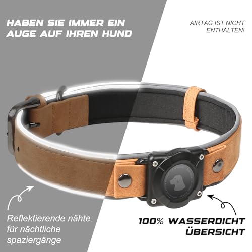 Halsband Hund Leder mit Air Tag Halter, Airtag Hundehalsband IPX8 Wasserdicht, Handgefertigt, Weich und Bequem, Reflektierend, Verstellbare Polsterung, für Mittlere Große Hunde (Hellbraun, L)