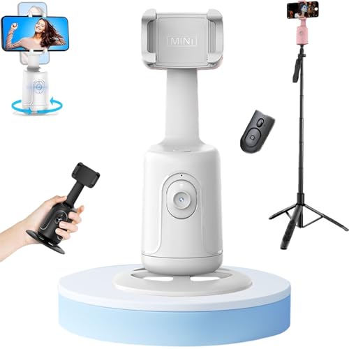 Image of Smart Ai Facial Recognition Phone Tripod, 360 Panoramic Auto Face-Tracking with Gesture Control, Adjustable 2-in-1 Tripod & Selfie Stick for Content Creator (White, with Remote & Tripod)