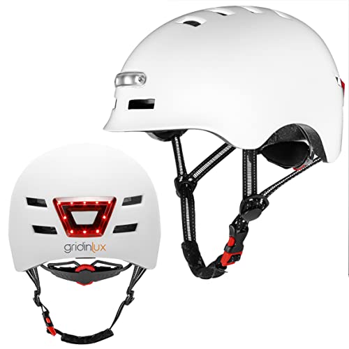 gridinlux® | Casco Safe & GO Blanco Talla L | Luz Frontal y Trasera | Bicicleta y Patinete electrico | Movilidad Urbana | Unisex | Certificado Europeo CE y RoHS