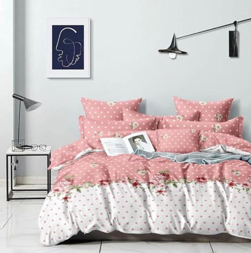 Image of Glace Cotton Double Bedsheet 90x90 Inches with 2 Pillow Covers 18x28 Inches - Pink Floral Polka Dot Print Bed Sheet Set - Soft Flat Bedcover for Double Mattress Girl Bedroom Hostel Room - Pink
