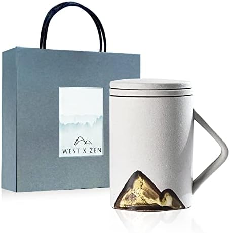 WEST X ZEN Tea Cup with Infuser and Lid, 11 oz, Ceramic Mugs with Tea Infusers for Loose Tea, Strainer Pottery Mug, Microwave and Dishwasher Safe, Portable Tea Mug, Japanese Style Tea Cups (White)