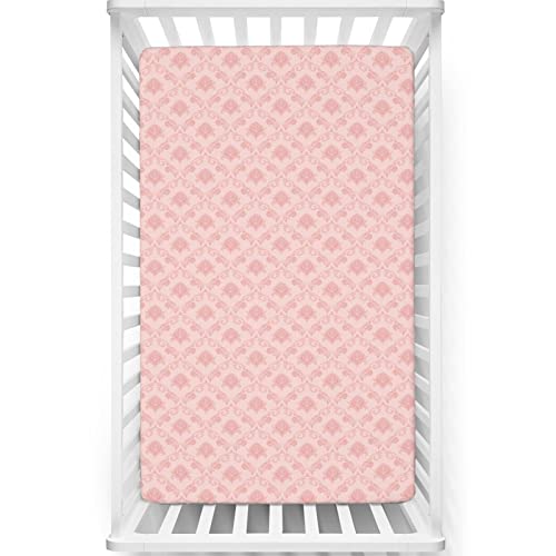 Damask Themed Fitted Mini Crib Sheets,Portable Mini Crib Sheets Soft & Stretchy Fitted Crib Sheet-Crib Mattress Sheet Or Toddler Bed Sheet, 24“ X38“,Blush Rose #TOP17