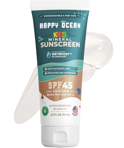 Happy Ocean Kids Mineral Sunscreen SPF 45 – Reef Safe, Non-Toxic Sunscreen for Kids, Non-Greasy Zinc Oxide, Travel Size, Water Resistant, Face & Body