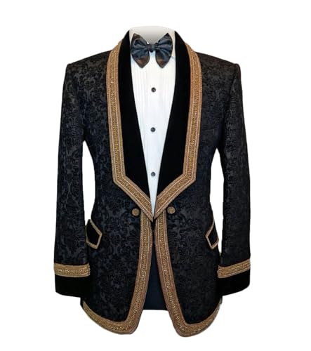 Men's Paisley Shawl Lapel Blazer, Single Breasted, One Button, Two Flap Pockets, Lace Applique Hem