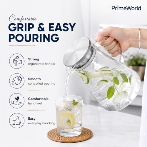 Image of PrimeWorld 1 pc 1.8 Litre Borosilicate Glass jug with Lid Stainless Stell Air Tight Water Pitchers with Handle for Fridge,Carafe for Hot /Cold Drink,Iced Tea, Coffee,Juice,Milk,Beverage-Microwave Safe