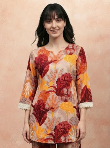 Image of Bee M Pee Designer Trendy Floral Printed Poly Rayon Cotton Kurta Coord Sets for Women | Stylish Casual Kurti Tunic Cord Set with Pant for Woman for Office