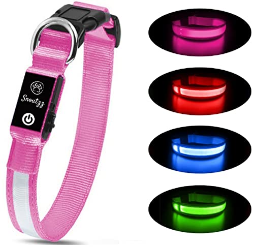 SNOUTZZ® LED Flashing Dog Collar USB Rechargeable - Ultra Bright & Highly Visible - Waterproof & Increased Safety - Available 4 Colours & 4 Sizes (Pink, Small)