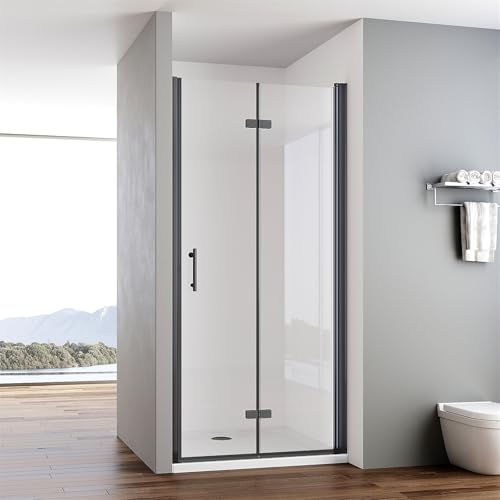 IMPTS Duschtür Faltbar 90cm Schwarz Nischentür Rahmenlos Dusche Duschkabine Falttür Nische Duschabtrennung 6mm NANO ESG Klares Sicherheitsglas Höhe 195cm