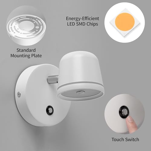 Image of Aisilan Wall Sconce Set of 2, Hardwired Touch Dimmable Wall Light with 3 Color Temperatures, Adjustable 7W LED Wall Lamp CRI97, Modern White Aluminum Sconce for Bedroom Bedside Hallway
