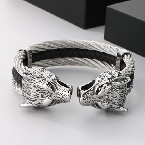 Men's Viking Wolf Head Bracelet 316 Stainless Steel Leather Open Cuff Tribal Retro Wolf Twisted Cable Cuff Bangle Vintage Gothic2